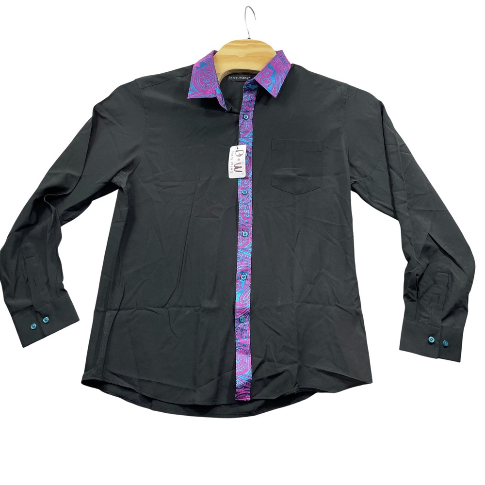 Barry Wang Large NEW Black Paisley Collar Polyester‎ Blend Button Up Shirt